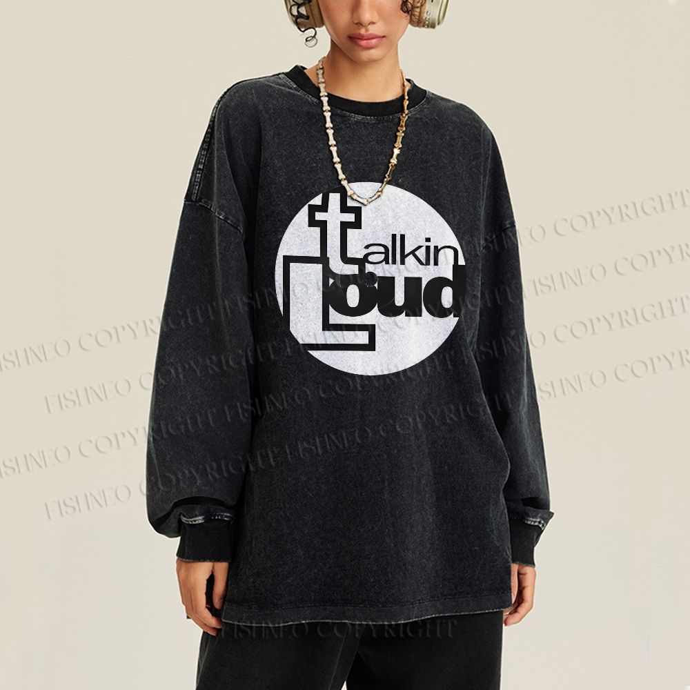 Unisex Casual Washed Talking Loud Label Disk Printed Long Sleeve T-shirt