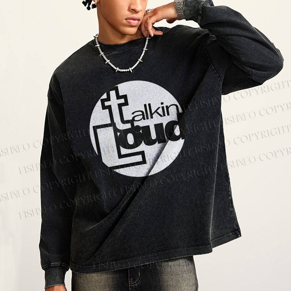 Unisex Casual Washed Talking Loud Label Disk Printed Long Sleeve T-shirt