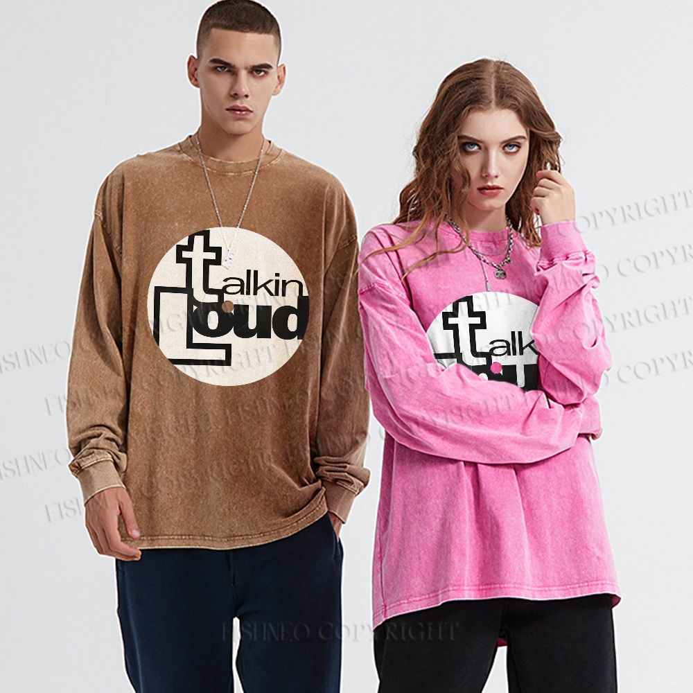 Unisex Casual Washed Talking Loud Label Disk Printed Long Sleeve T-shirt