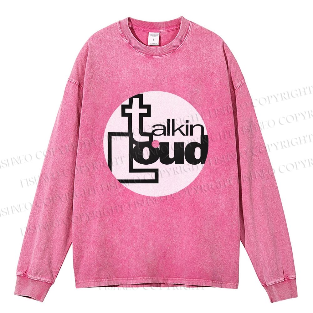 Unisex Casual Washed Talking Loud Label Disk Printed Long Sleeve T-shirt