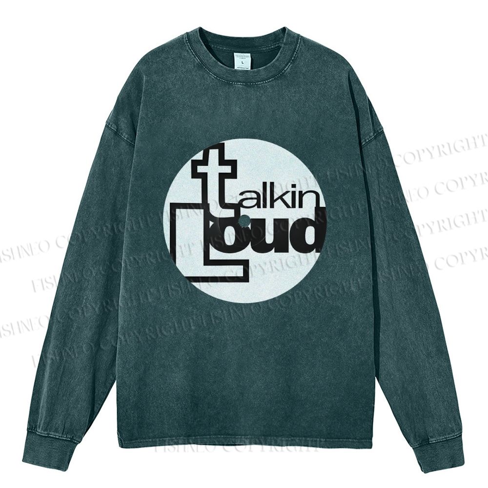Unisex Casual Washed Talking Loud Label Disk Printed Long Sleeve T-shirt