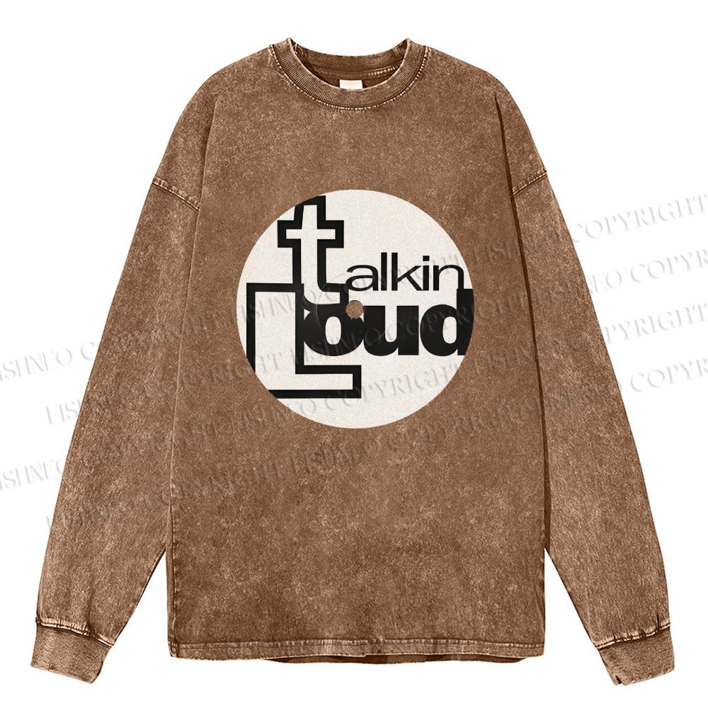 Unisex Casual Washed Talking Loud Label Disk Printed Long Sleeve T-shirt