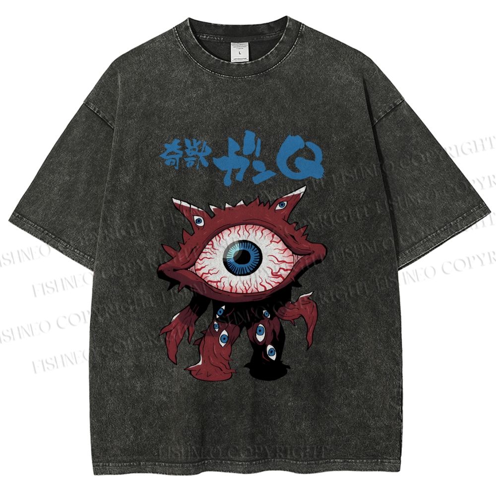 Unisex Japanese Eye Monster Printed Washed Tee