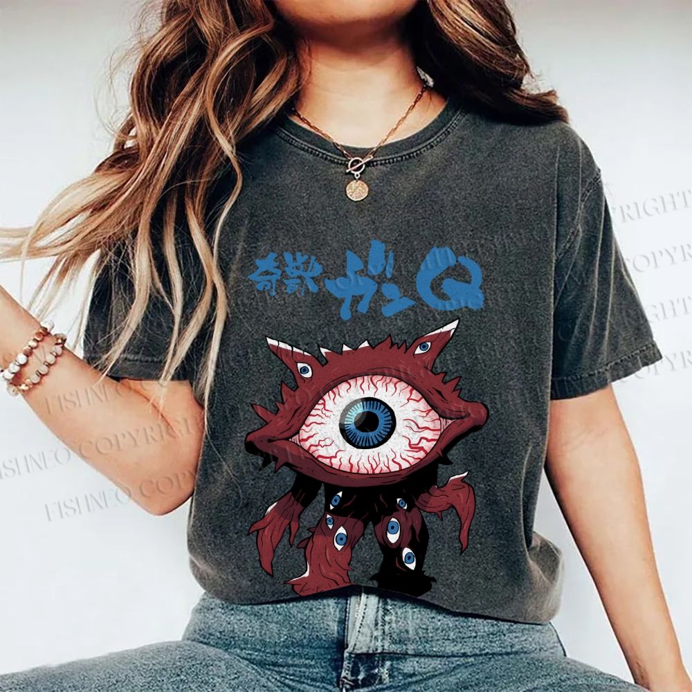 Unisex Japanese Eye Monster Printed Washed Tee
