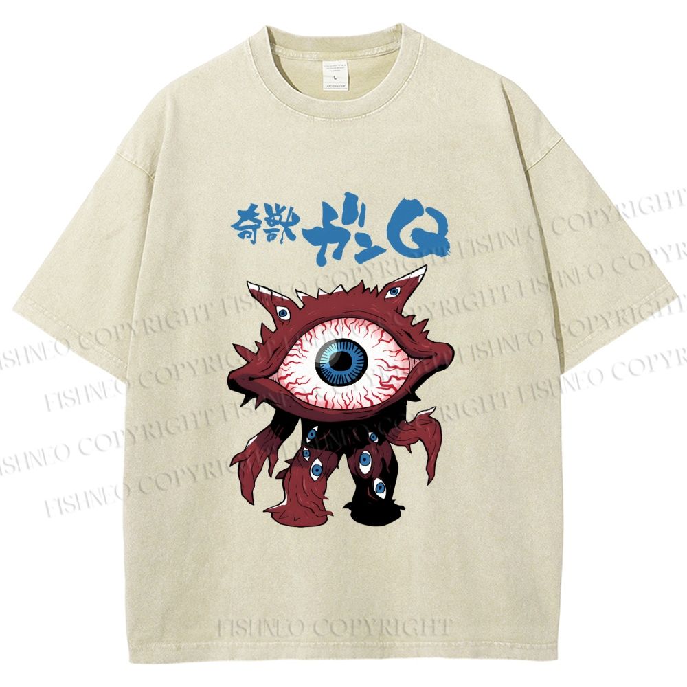 Unisex Japanese Eye Monster Printed Washed Tee