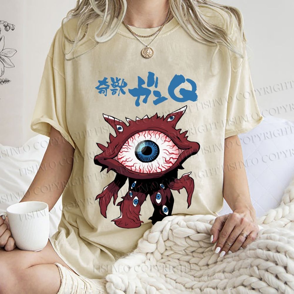 Unisex Japanese Eye Monster Printed Washed Tee