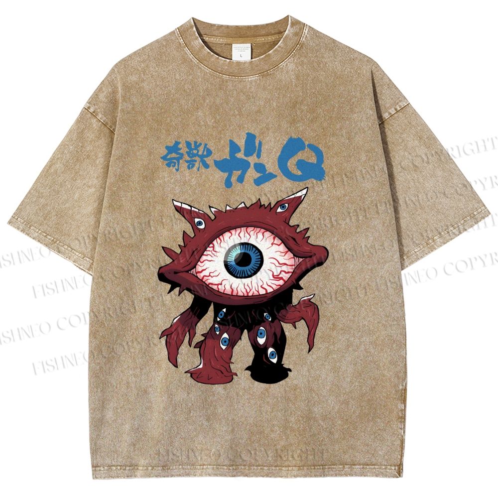 Unisex Japanese Eye Monster Printed Washed Tee