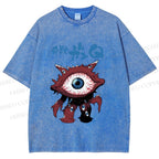 Unisex Japanese Eye Monster Printed Washed Tee