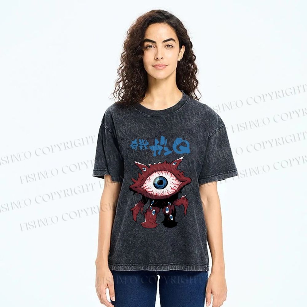 Unisex Japanese Eye Monster Printed Washed Tee