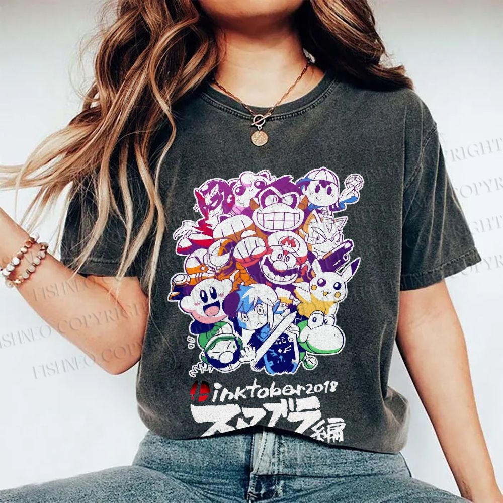Unisex Japanese Anime Graffiti Printed Washed Tee