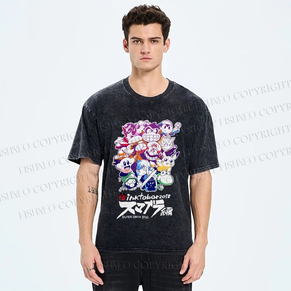 Unisex Japanese Anime Graffiti Printed Washed Tee