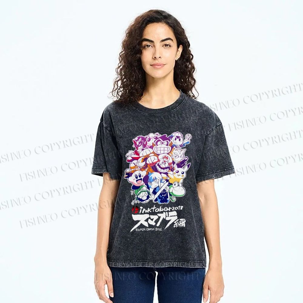 Unisex Japanese Anime Graffiti Printed Washed Tee