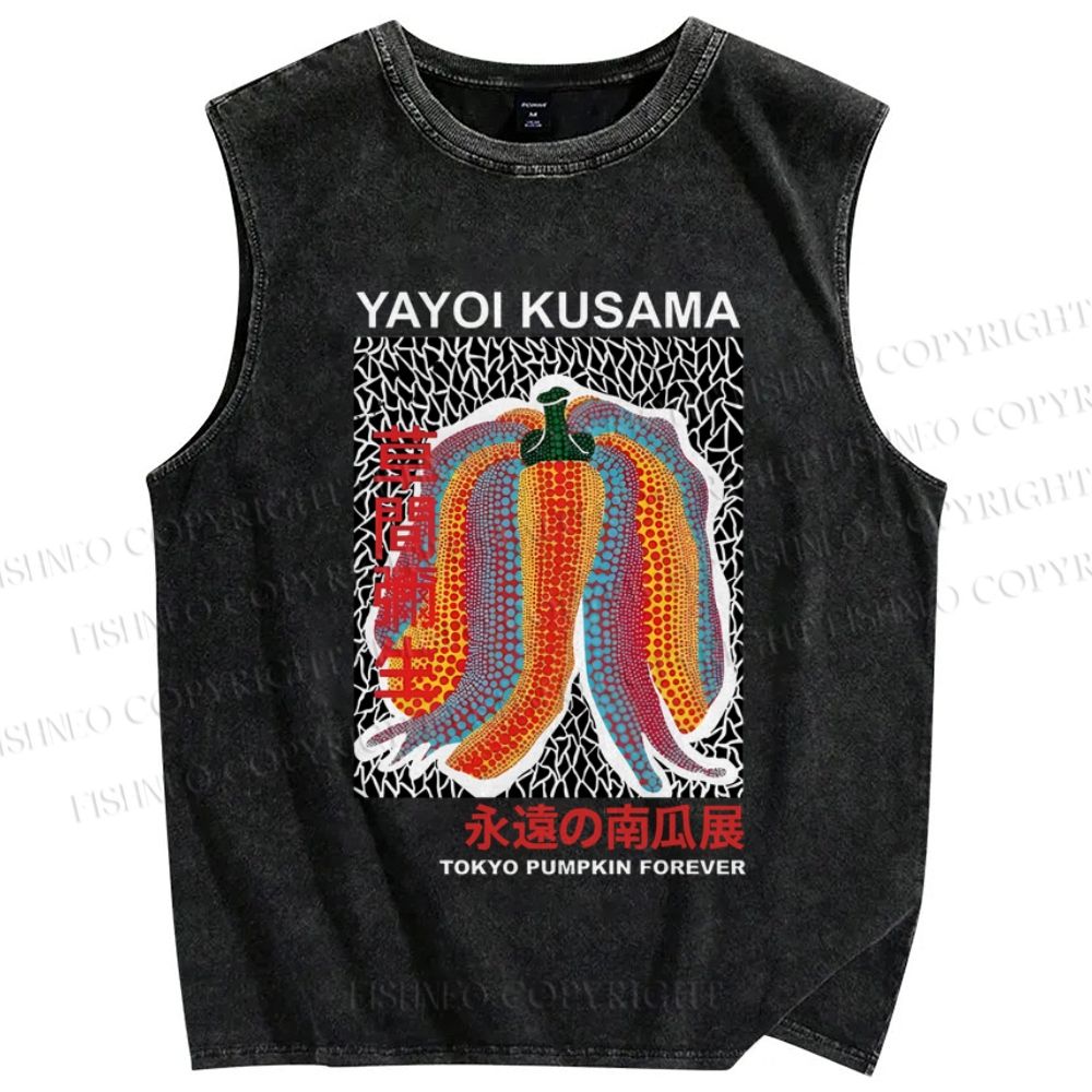Unisex Japanese Yayoi Kusama Pumpkin Printed Washed Tank Top