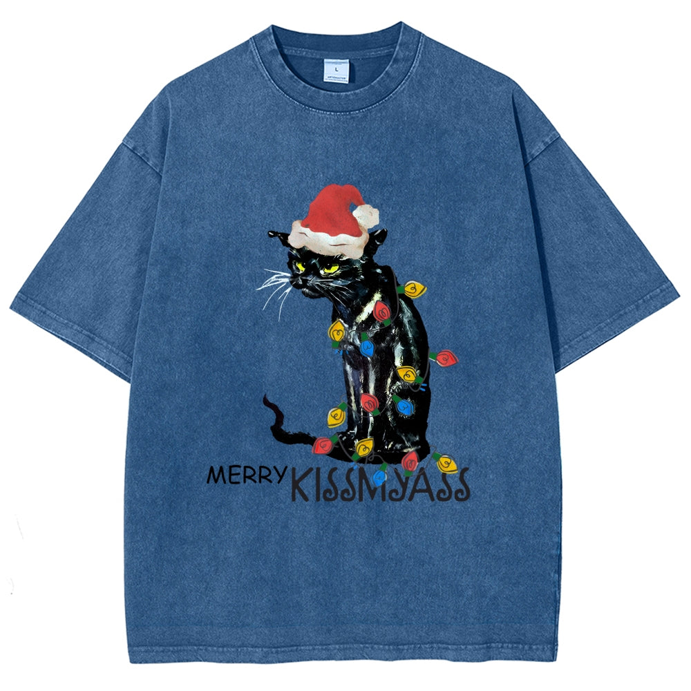 Merry Kissmyass Funny Cat Christmas LightsT-shirt