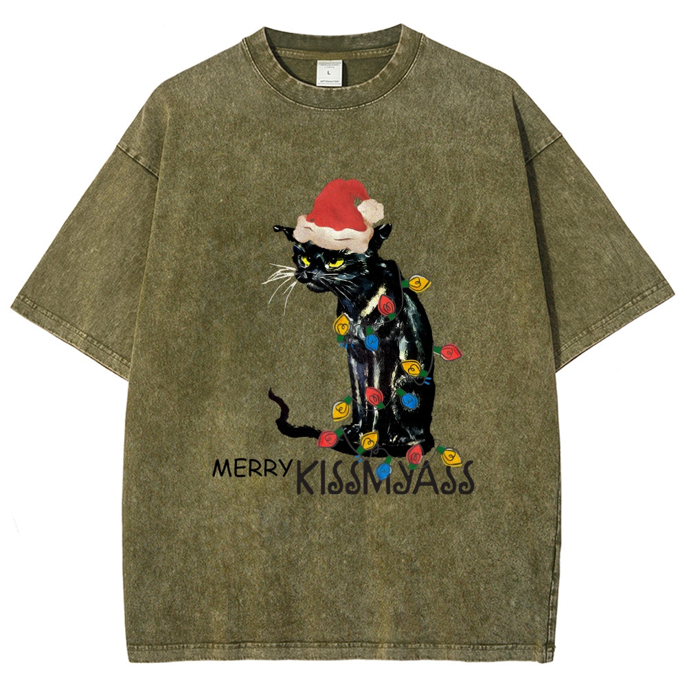 Merry Kissmyass Funny Cat Christmas LightsT-shirt