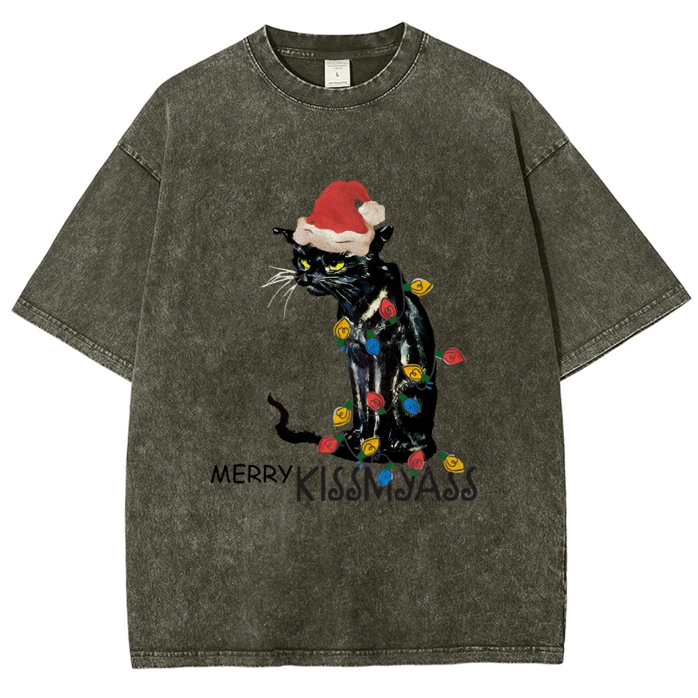 Merry Kissmyass Funny Cat Christmas LightsT-shirt