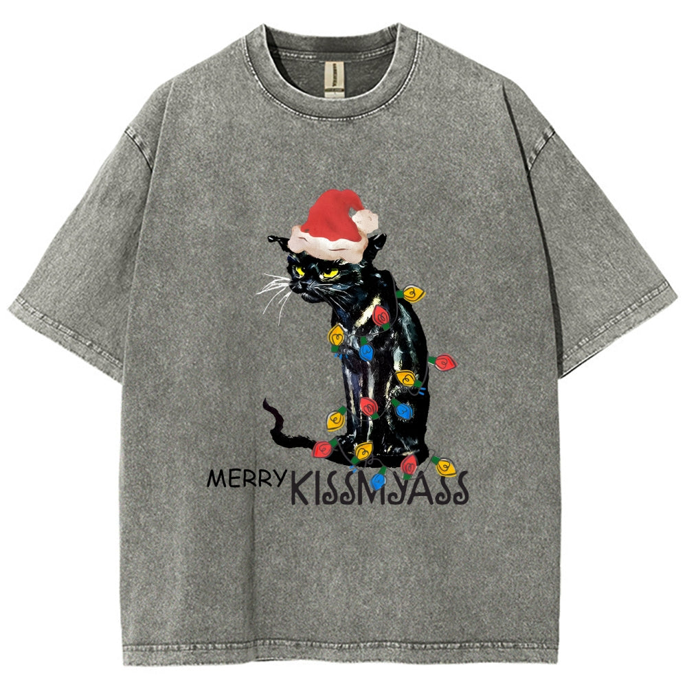 Merry Kissmyass Funny Cat Christmas LightsT-shirt