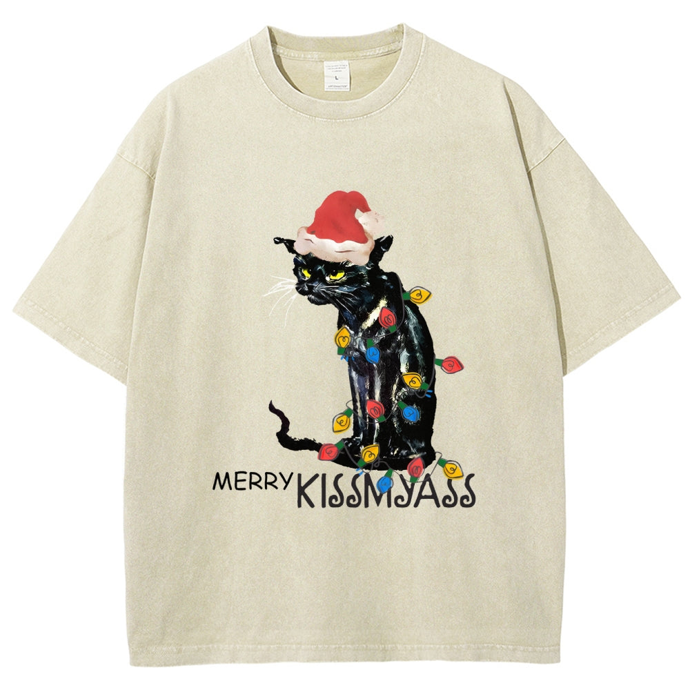 Merry Kissmyass Funny Cat Christmas LightsT-shirt