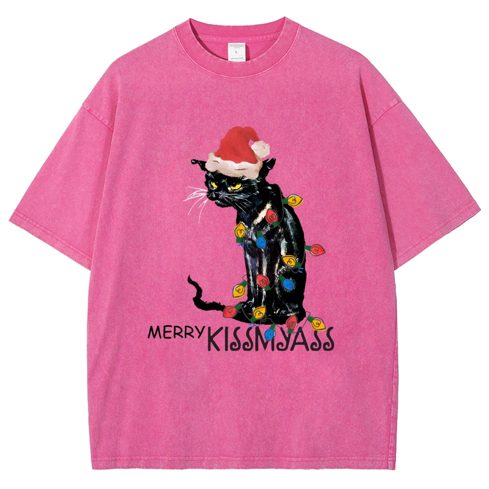 Merry Kissmyass Funny Cat Christmas LightsT-shirt