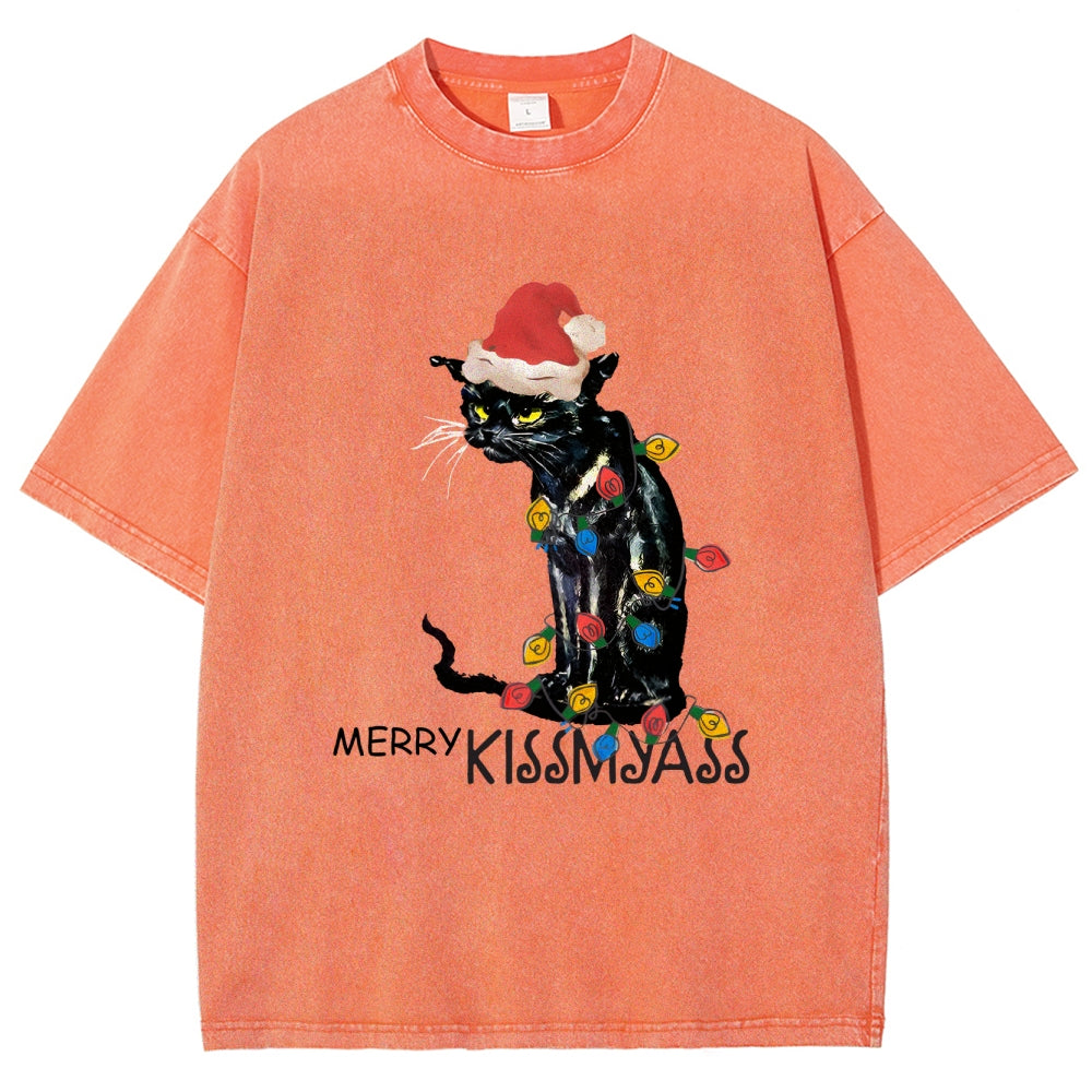 Merry Kissmyass Funny Cat Christmas LightsT-shirt