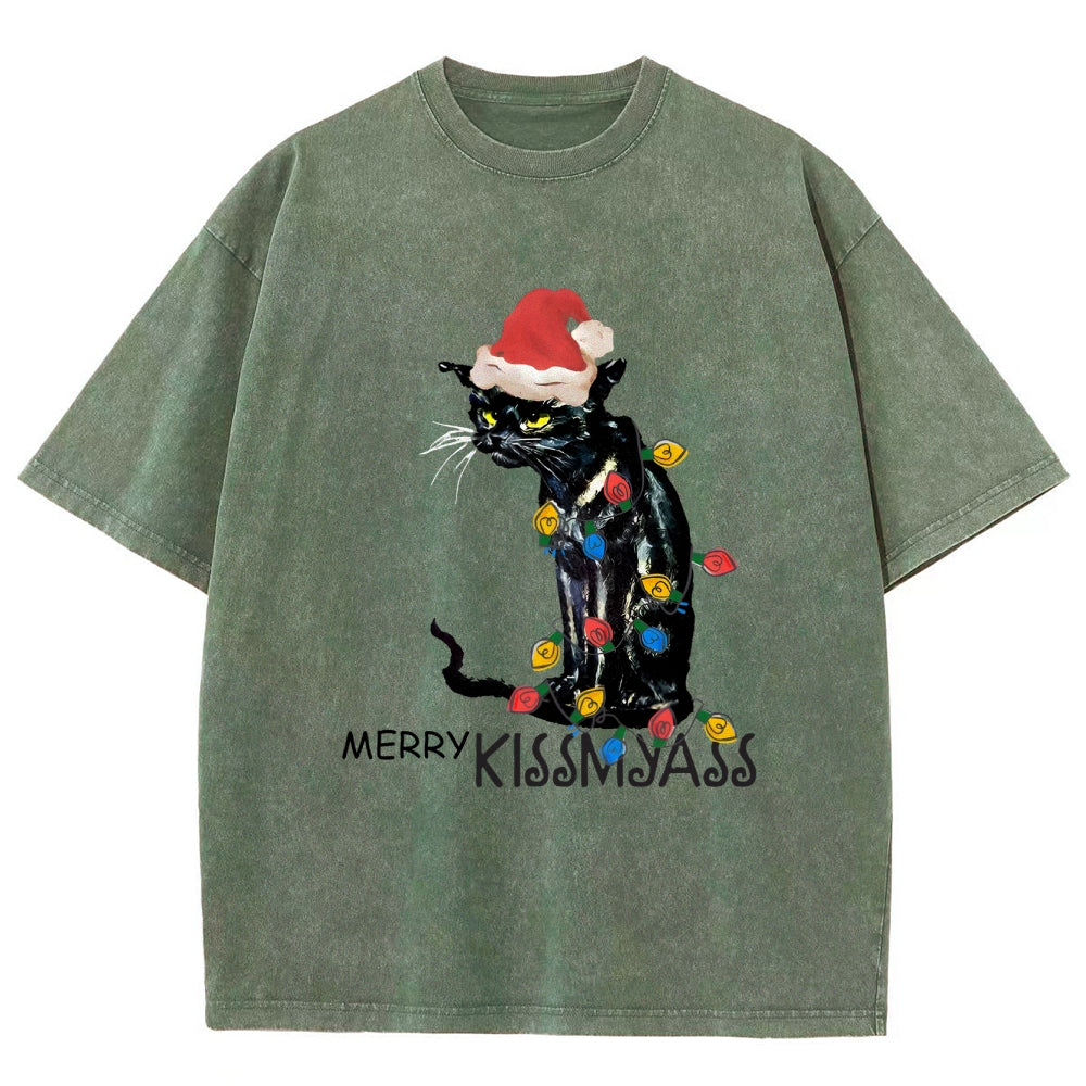 Merry Kissmyass Funny Cat Christmas LightsT-shirt
