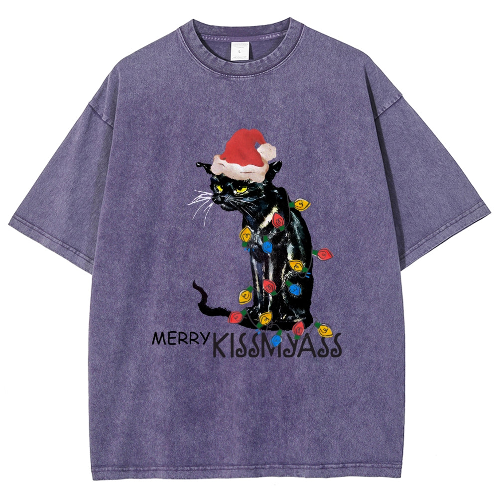 Merry Kissmyass Funny Cat Christmas LightsT-shirt