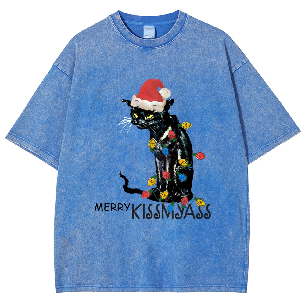 Merry Kissmyass Funny Cat Christmas LightsT-shirt