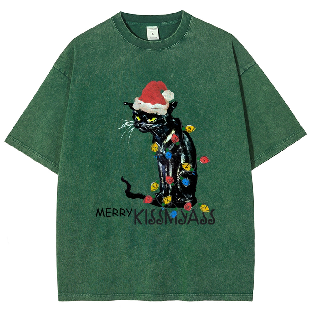 Merry Kissmyass Funny Cat Christmas LightsT-shirt