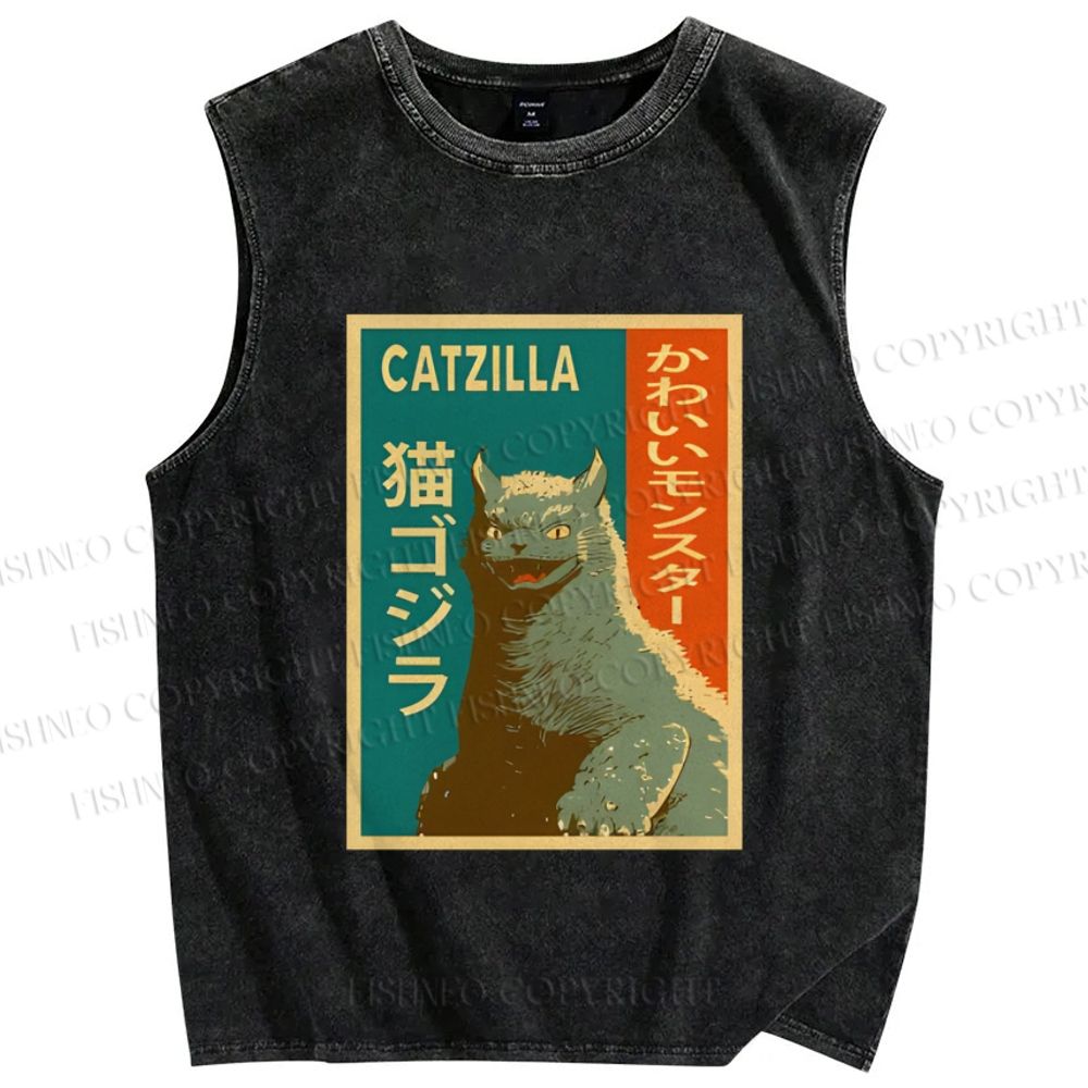 Unisex Catzilla Printed Washed Tank Top
