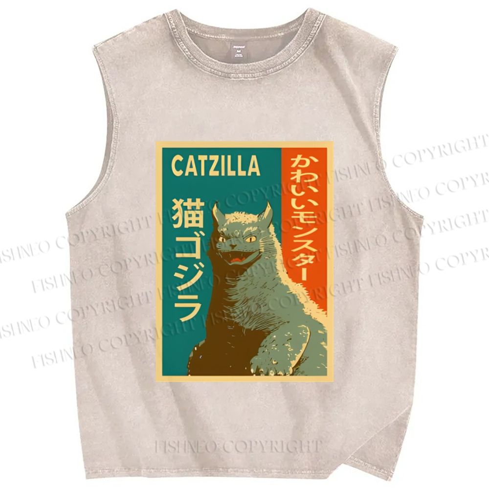 Unisex Catzilla Printed Washed Tank Top