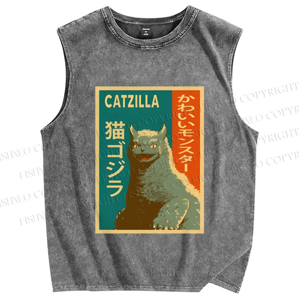 Unisex Catzilla Printed Washed Tank Top