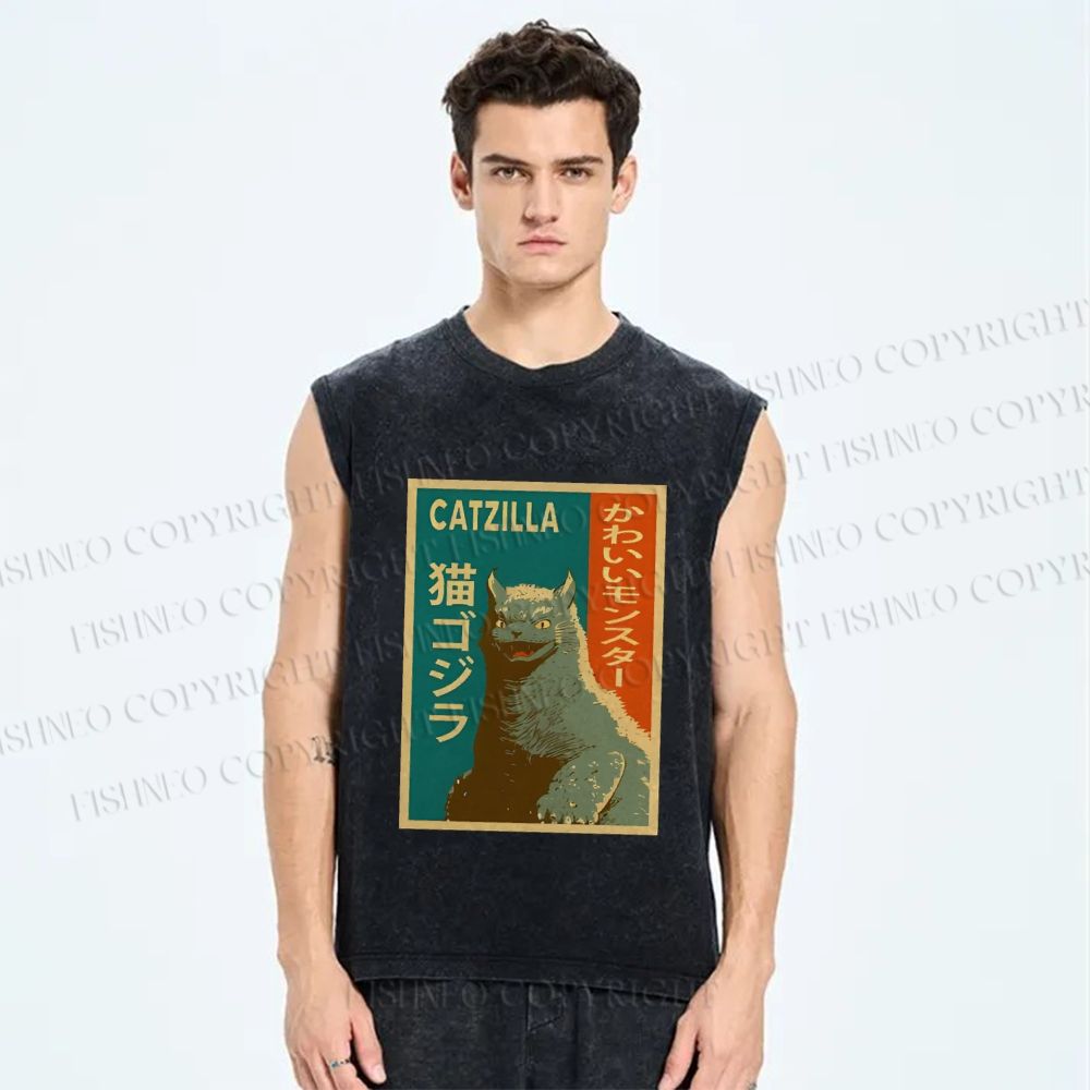 Unisex Catzilla Printed Washed Tank Top