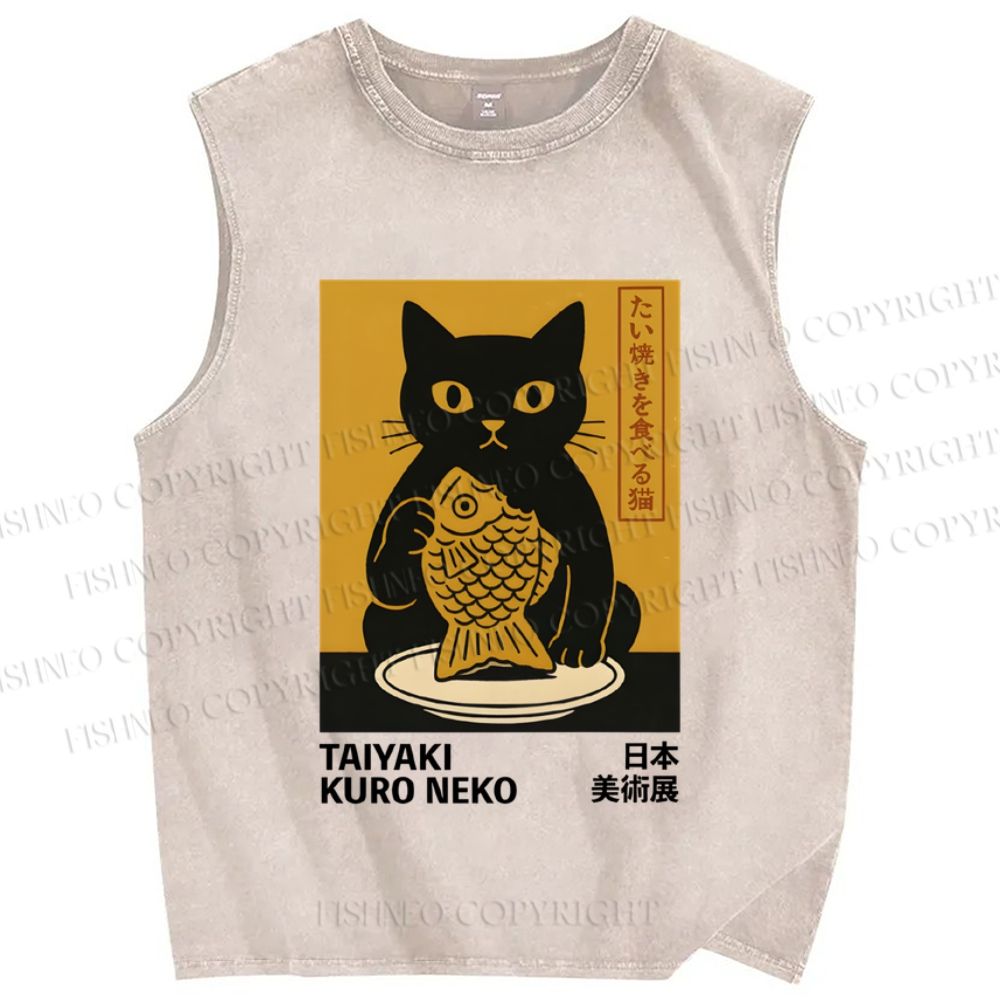 Unisex Cat Printed Washed Tank Top