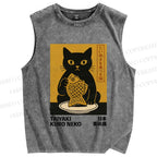 Unisex Cat Printed Washed Tank Top