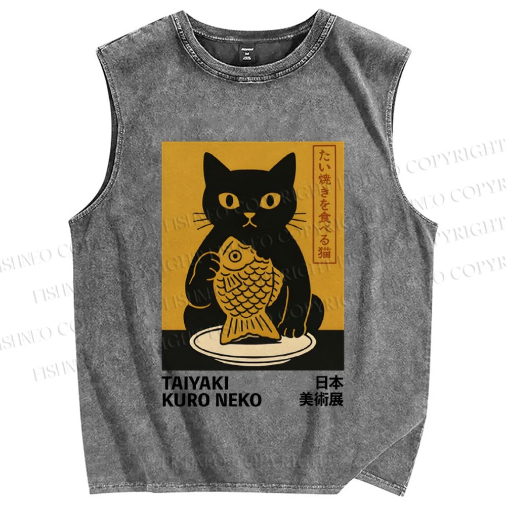 Unisex Cat Printed Washed Tank Top