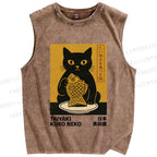 Unisex Cat Printed Washed Tank Top