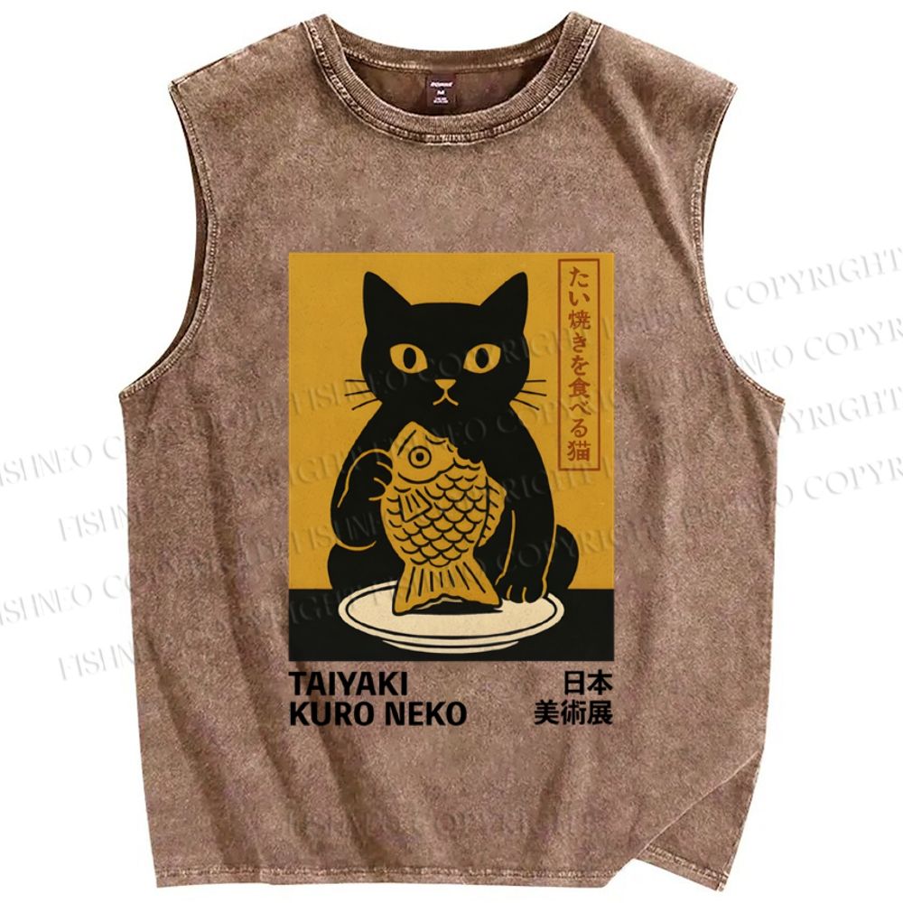 Unisex Cat Printed Washed Tank Top