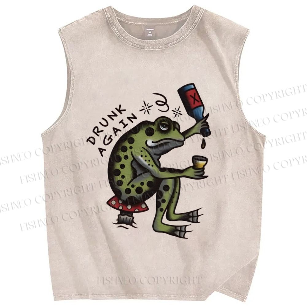 Unisex Drinking Frog Printed Washed Tank Top
