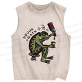 Unisex Drinking Frog Printed Washed Tank Top
