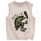 Unisex Drinking Frog Printed Washed Tank Top
