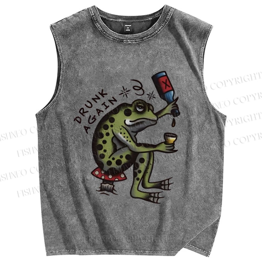 Unisex Drinking Frog Printed Washed Tank Top