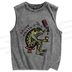 Unisex Drinking Frog Printed Washed Tank Top