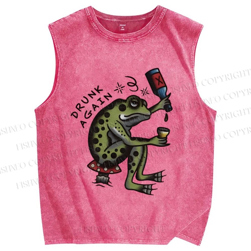Unisex Drinking Frog Printed Washed Tank Top