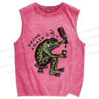 Unisex Drinking Frog Printed Washed Tank Top