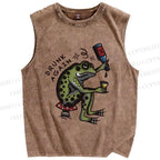 Unisex Drinking Frog Printed Washed Tank Top