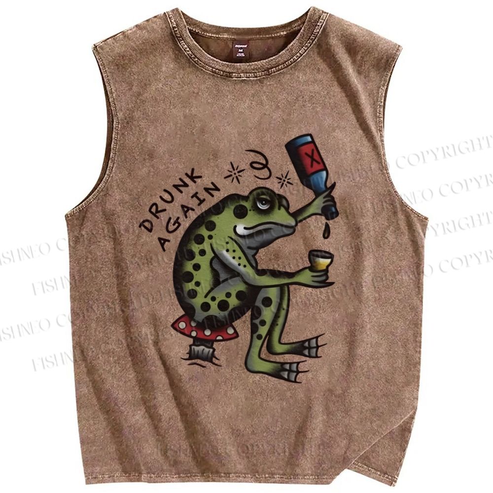 Unisex Drinking Frog Printed Washed Tank Top