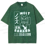 Unisex Lucky Cat Printed Washed Tee