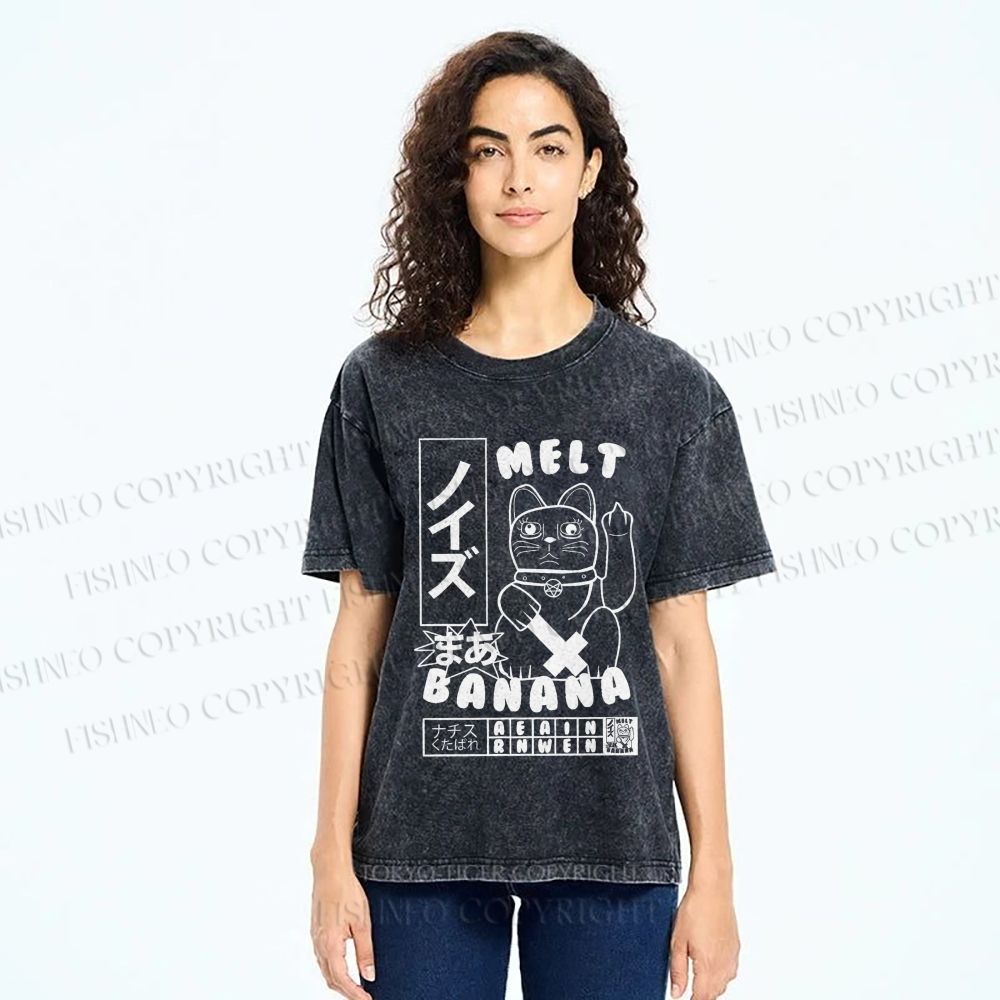 Unisex Lucky Cat Printed Washed Tee