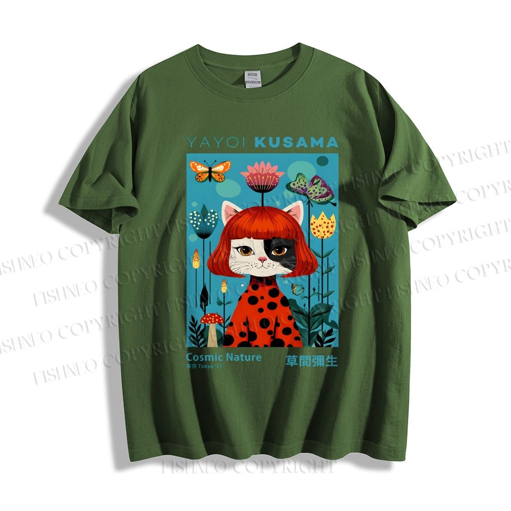 Unisex Yayoi Kusama Cats Printed Classic Cotton T-shirt