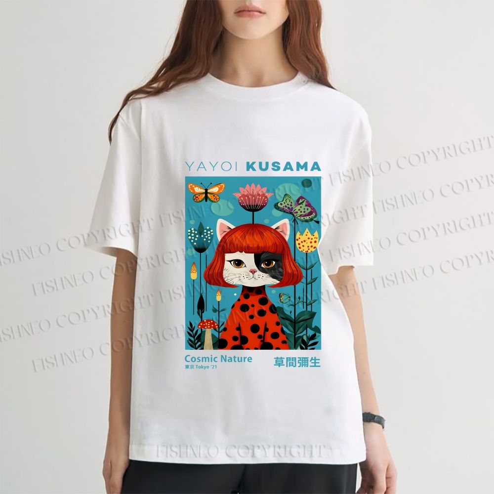 Unisex Yayoi Kusama Cats Printed Classic Cotton T-shirt